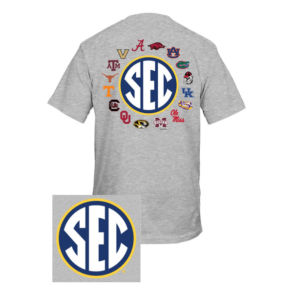 Heathered grey t-shirt with the SEC Logo on the back surrounded by all SEC school logos. The front left chest features the SEC logo as well.