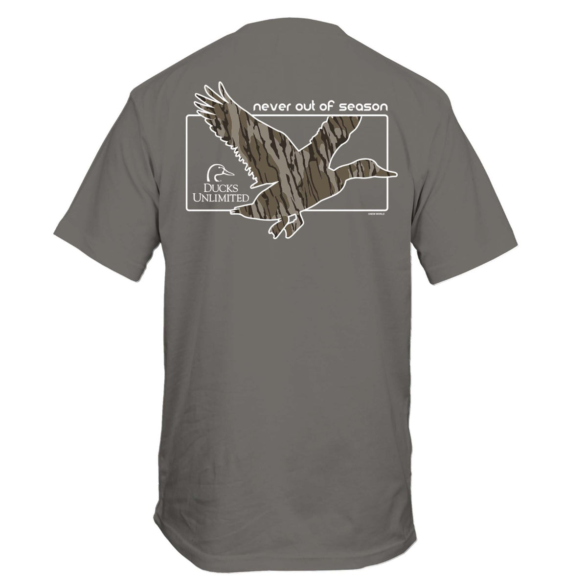 Grey Ducks Unlimited t-shirt back view with large camo duck graphic and “Never Out of Season” text.