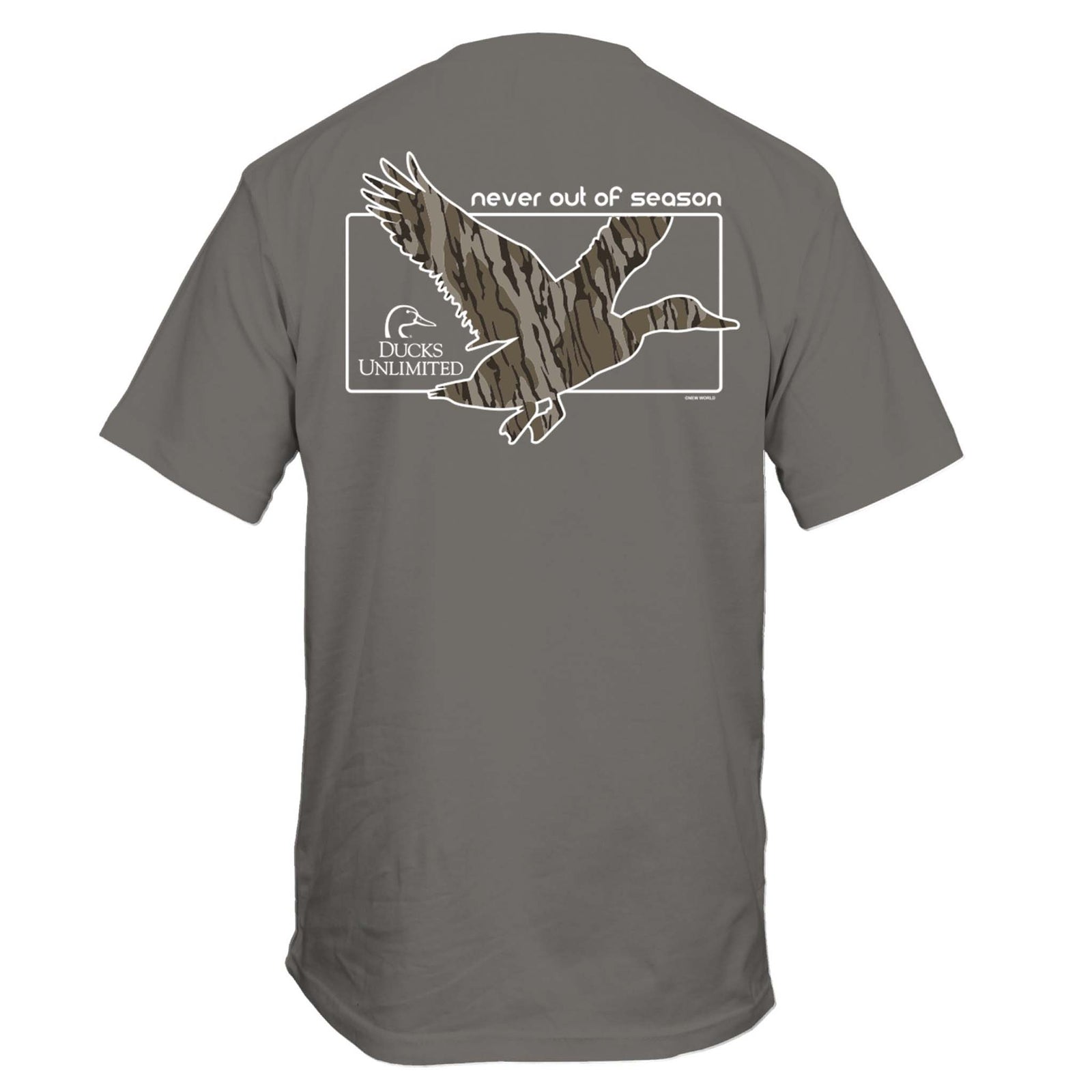Grey Ducks Unlimited t-shirt back view with large camo duck graphic and “Never Out of Season” text.