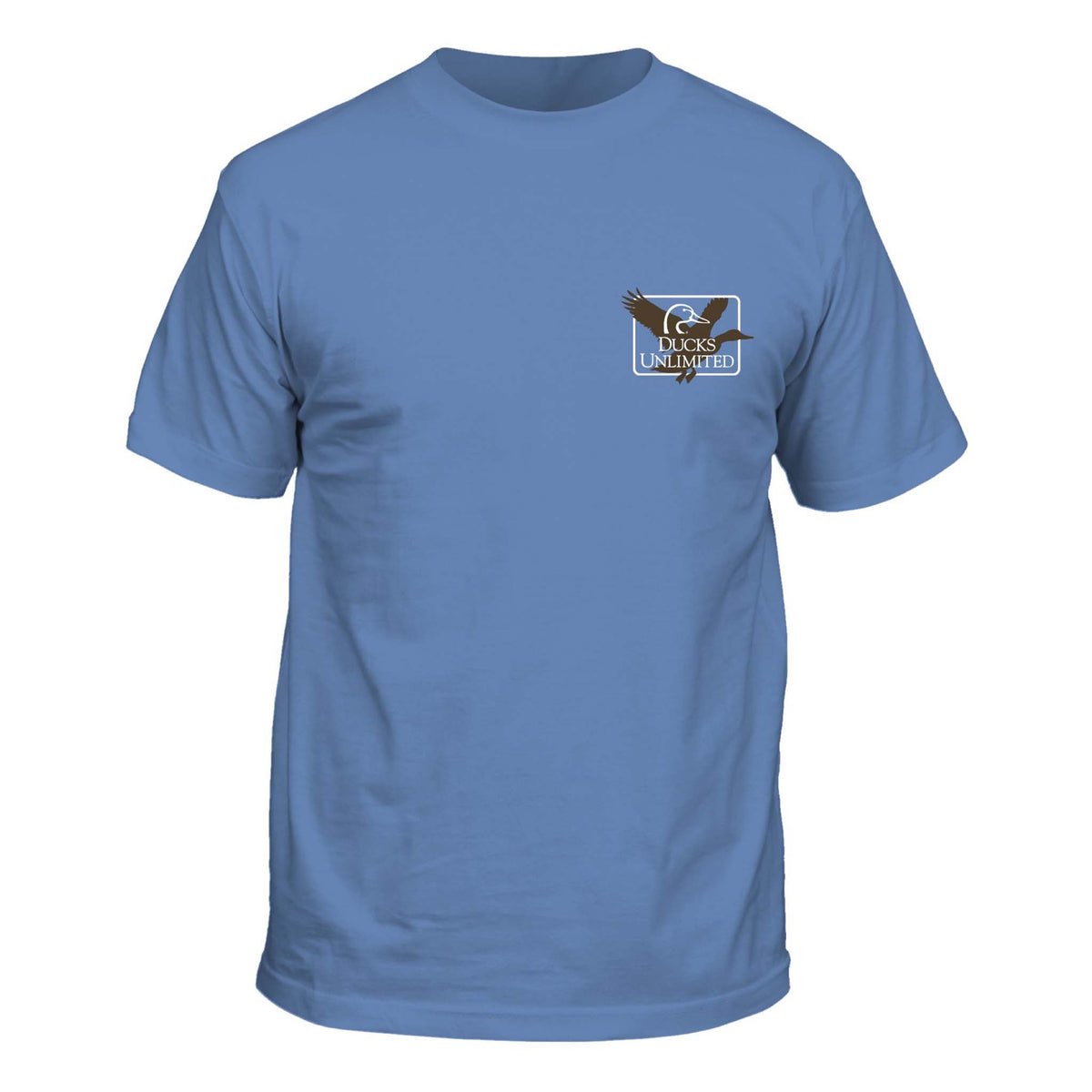 Washed Denim Ducks Unlimited t-shirt front view featuring small duck logo on left chest.