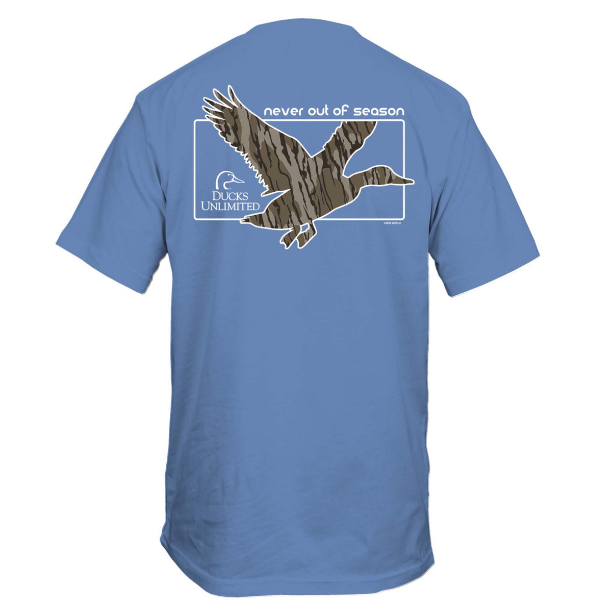 Washed Denim Ducks Unlimited t-shirt back view with camo duck graphic and “Never Out of Season” slogan.