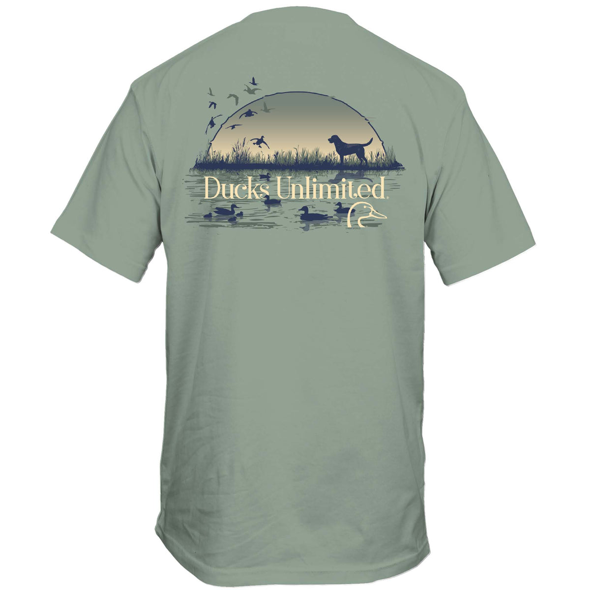 Back view of a sage green Ducks Unlimited t-shirt displaying an artistic wetland scene within a circular frame. 