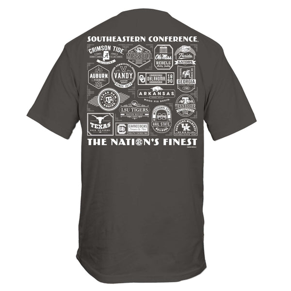 Back view of dark gray short sleeve t-shirt featuring Southeastern Conference team logos and "The Nation's Finest" text in white.