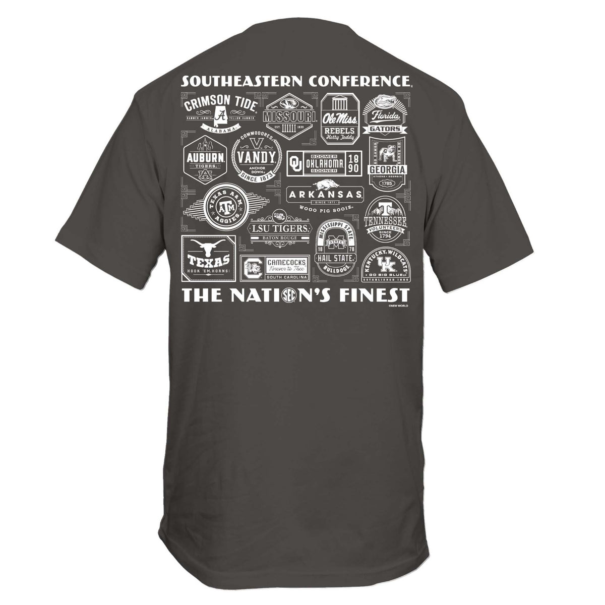 Back view of dark gray short sleeve t-shirt featuring Southeastern Conference team logos and "The Nation's Finest" text in white.
