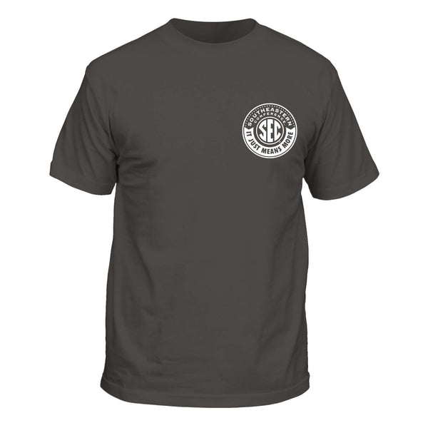 Front view of dark gray short sleeve t-shirt with small white SEC circle logo reading "It Just Means More" on the left chest.