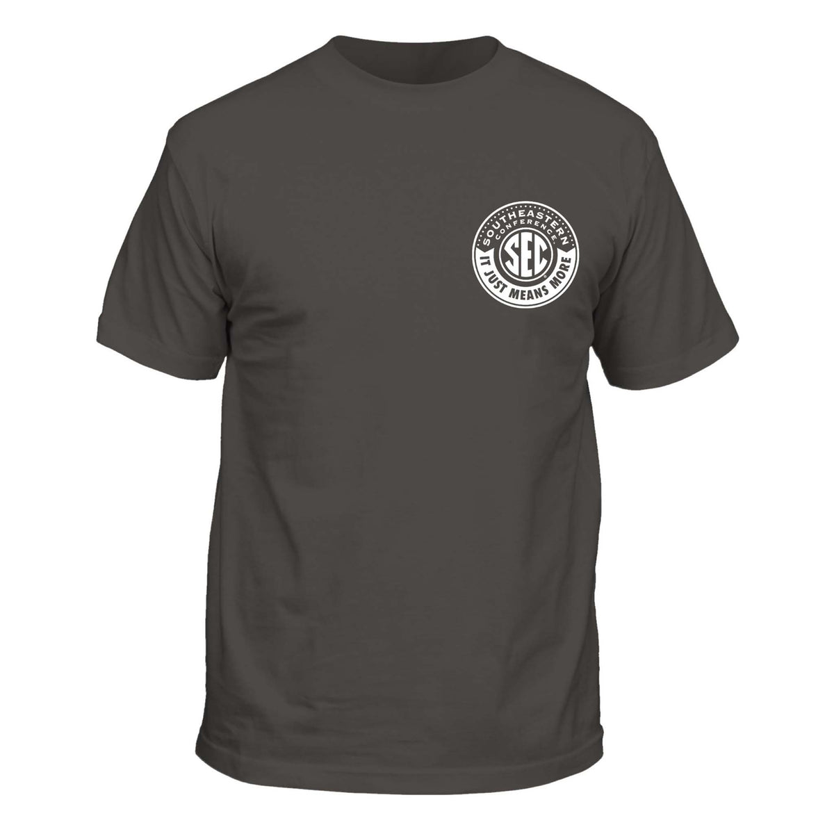 Front view of dark gray short sleeve t-shirt with small white SEC circle logo reading "It Just Means More" on the left chest.