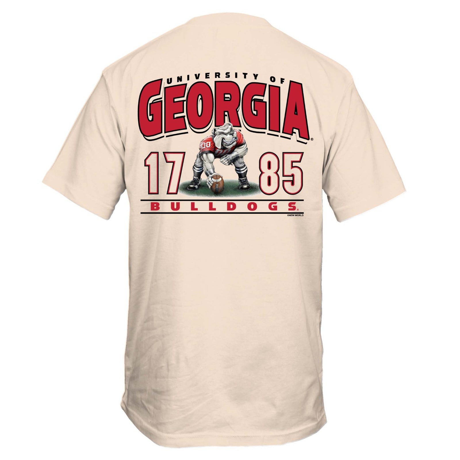 Beige short sleeve t-shirt with a large graphic on the back featuring the University of Georgia Bulldog mascot.