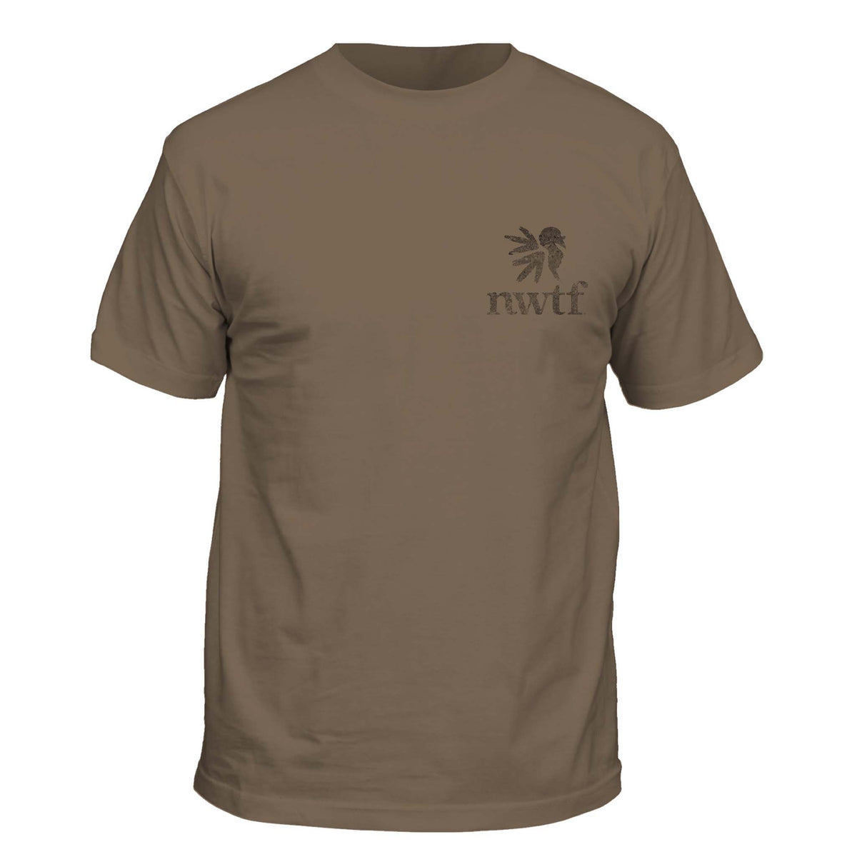 Brown t-shirt with 'nwtf' logo shown on a white background