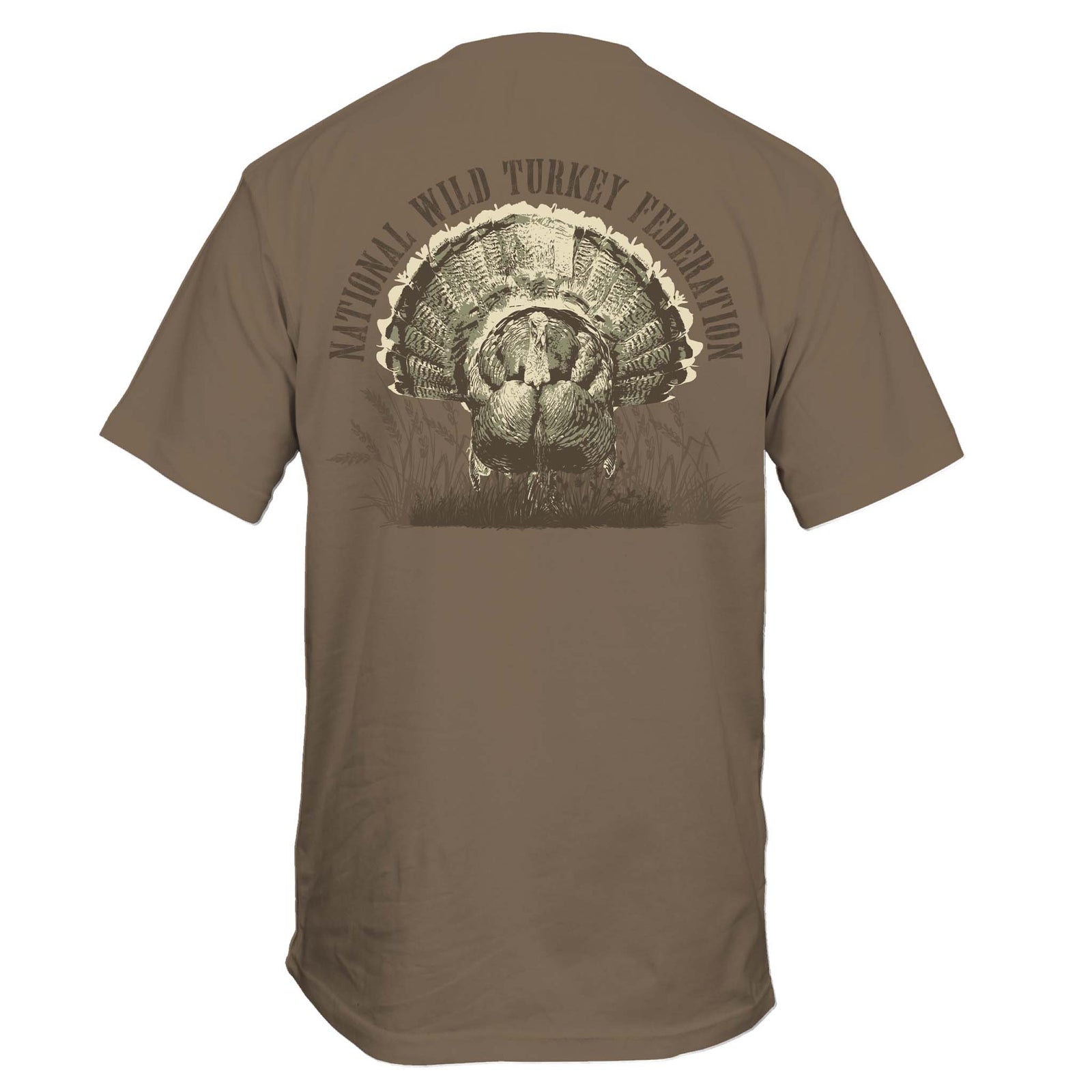 Brown t-shirt with a turkey graphic and National Wild Turkey Federation on the back shown on a white background