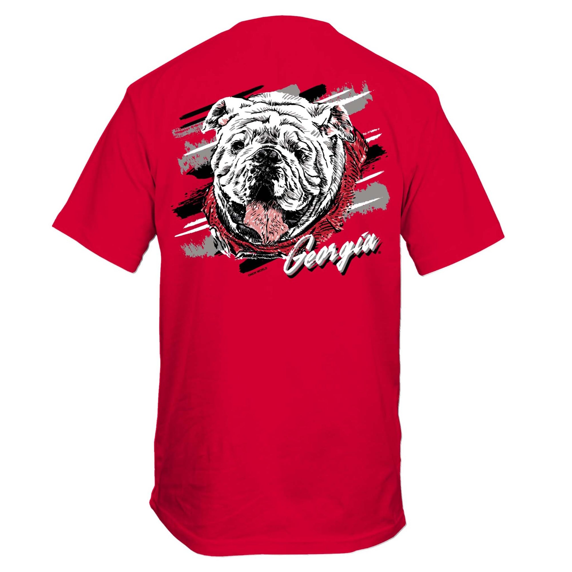 Red t-shirt featuring artistic sketch of Uga with brushstroke accents and "Georgia" text.