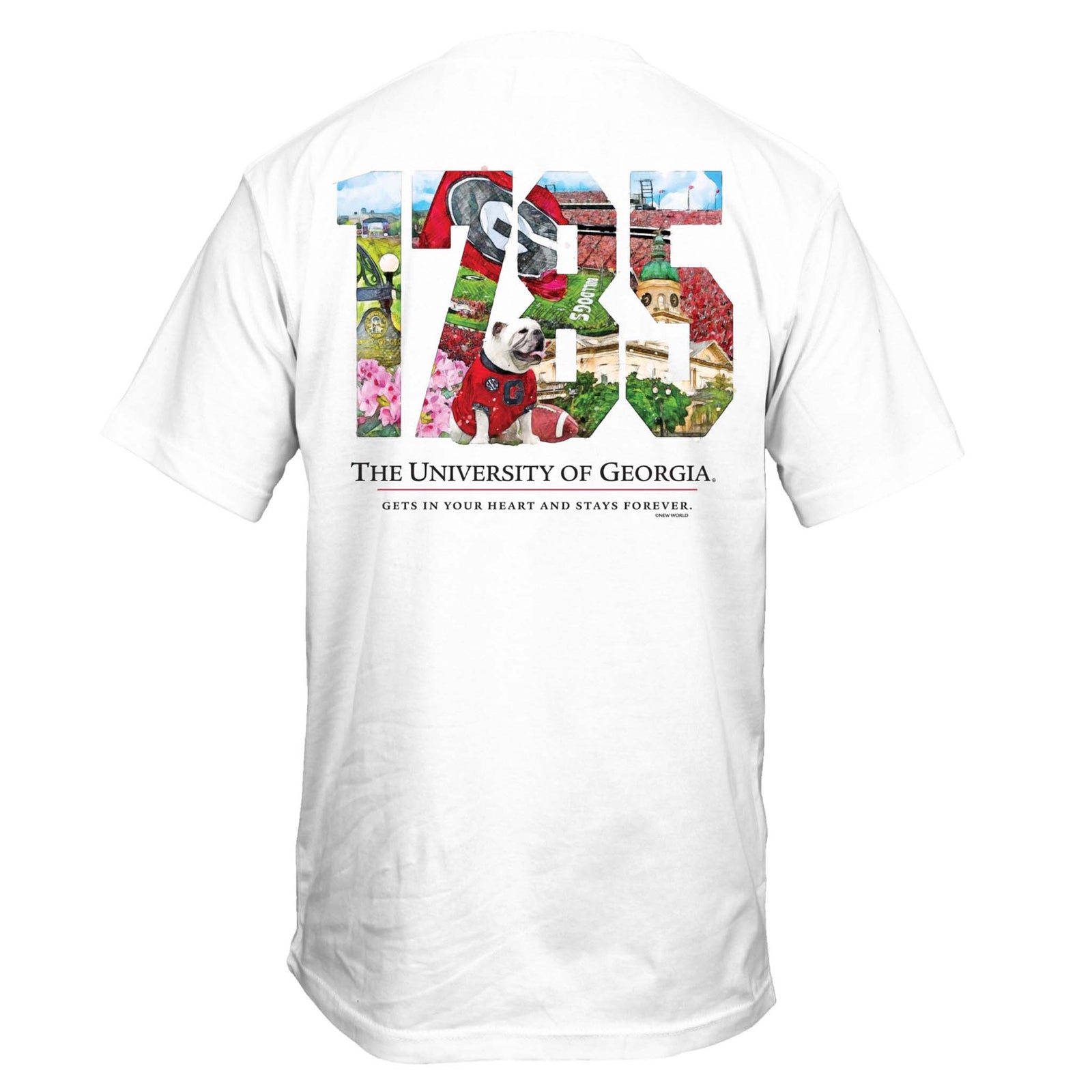 Back of white shirt with colorful “1785” collage and University of Georgia text.