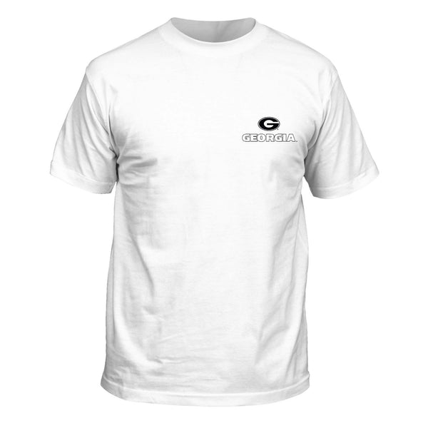 Front of white short sleeve shirt featuring a Georgia logo and Georgia below printed on the left chest in black.