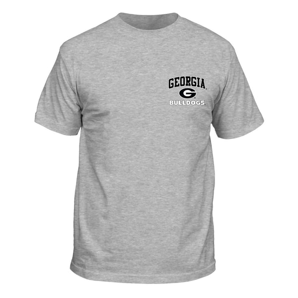 Heather grey t-shirt with black and white “Georgia Bulldogs” text and small chest logo.