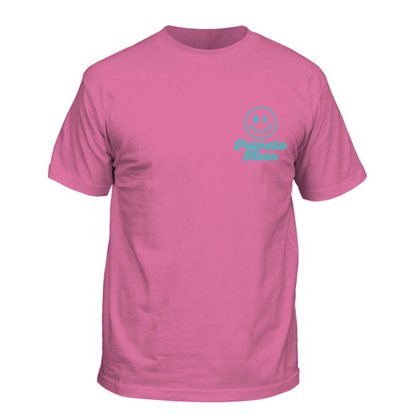 Palmetto Moon Happy Day 2 short sleeve t-shirt, color pink. Front of features a teal smiley face and logo on the left chest. Youth sizes S-XL. 100% cotton.
