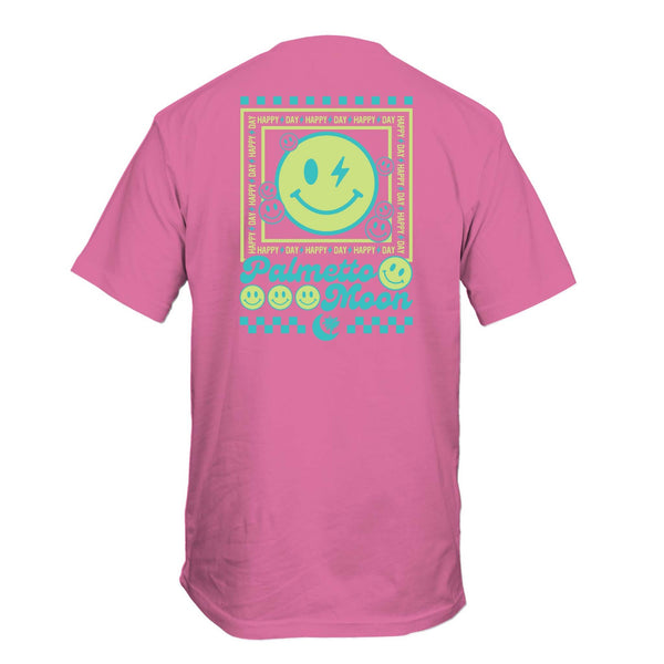 Palmetto Moon short sleeve tee in pink with a colorful "Happy Day" smiley face graphic and teal retro design on the back. Youth sizes S-XL. 100% cotton.