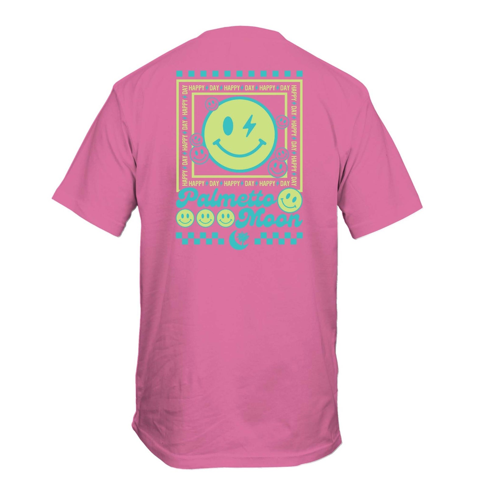 Palmetto Moon short sleeve tee in pink with a colorful "Happy Day" smiley face graphic and teal retro design on the back. Youth sizes S-XL. 100% cotton.