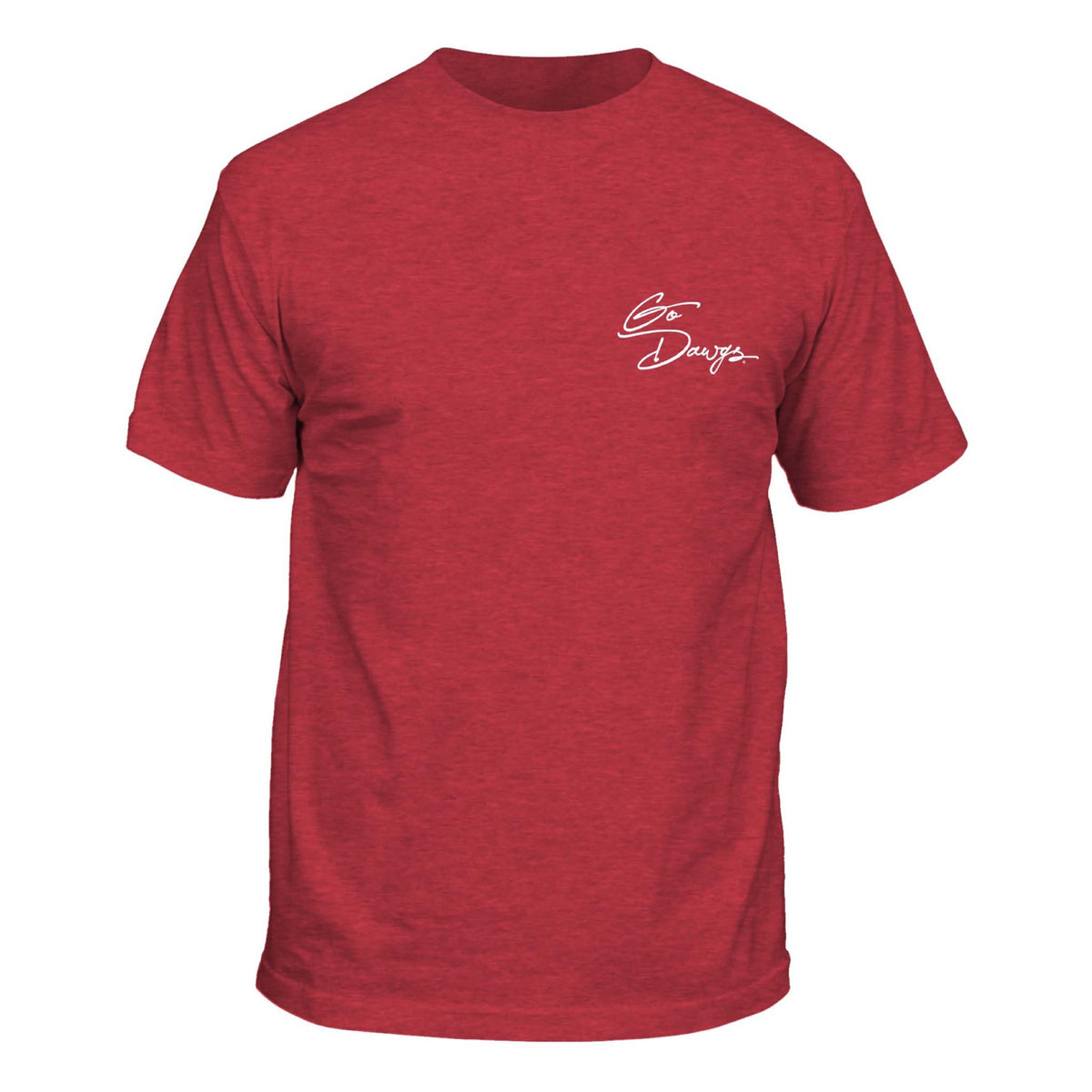 Heather red T-shirt front with small “Go Dawgs” script in white on left chest.