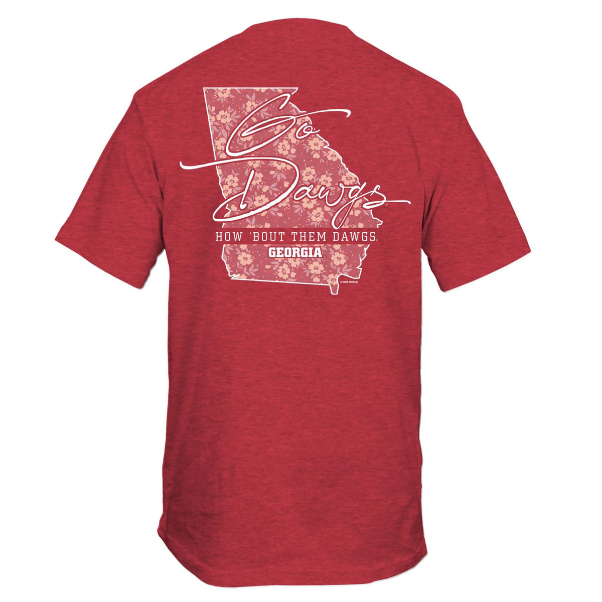Heather red T-shirt back with “Go Dawgs” script over Georgia state silhouette filled with floral print and “How ’Bout Them Dawgs. GEORGIA” text.