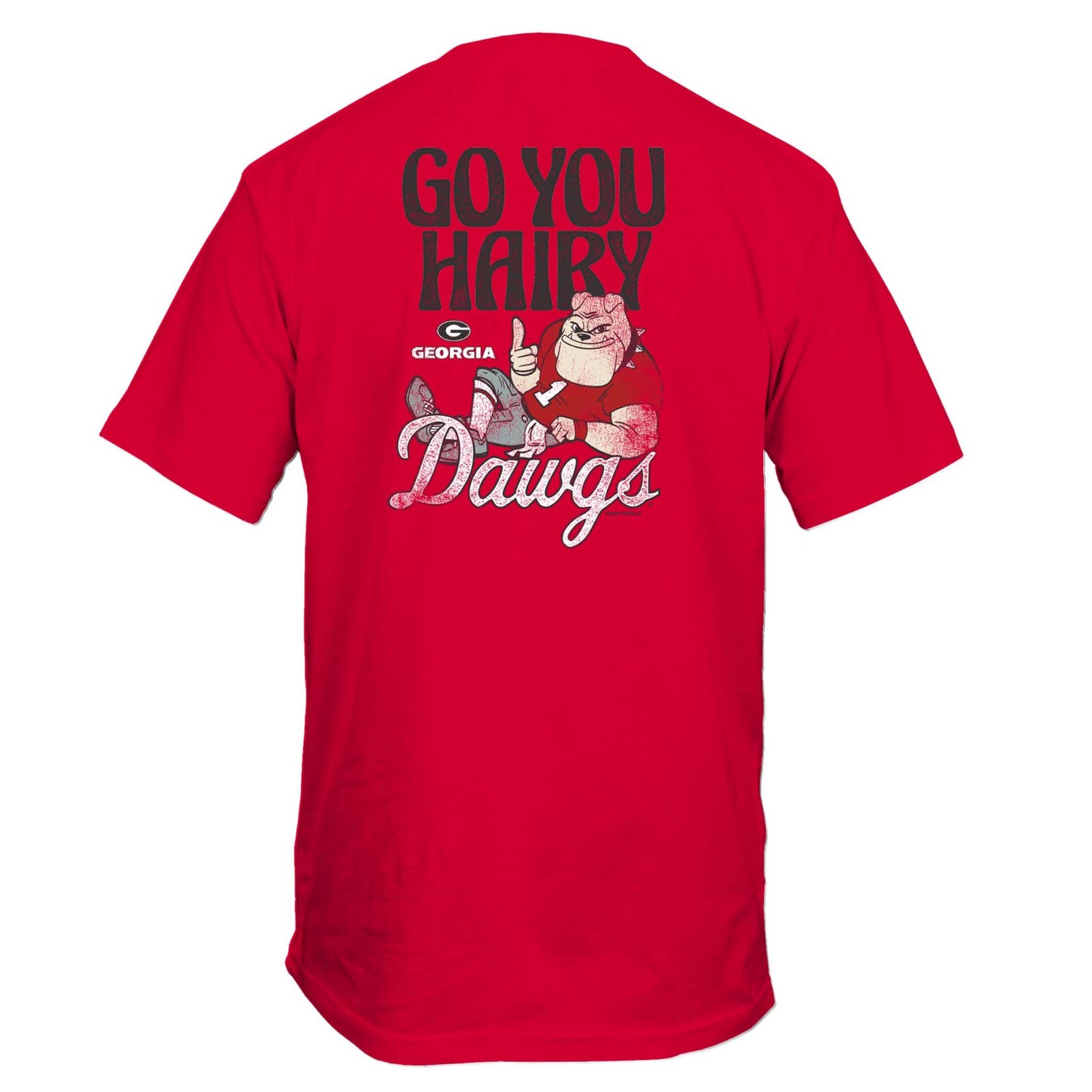 Red T-shirt back with “Go You Hairy Dawgs” text and cartoon Georgia mascot lounging, wearing jersey.