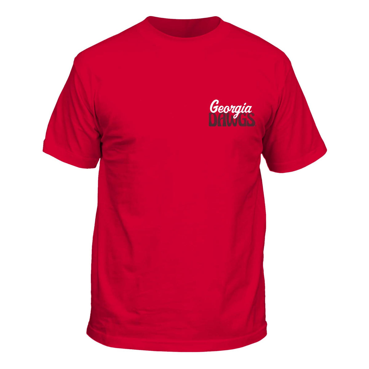 Red T-shirt front with “Georgia Dawgs” text in black and white on left chest.