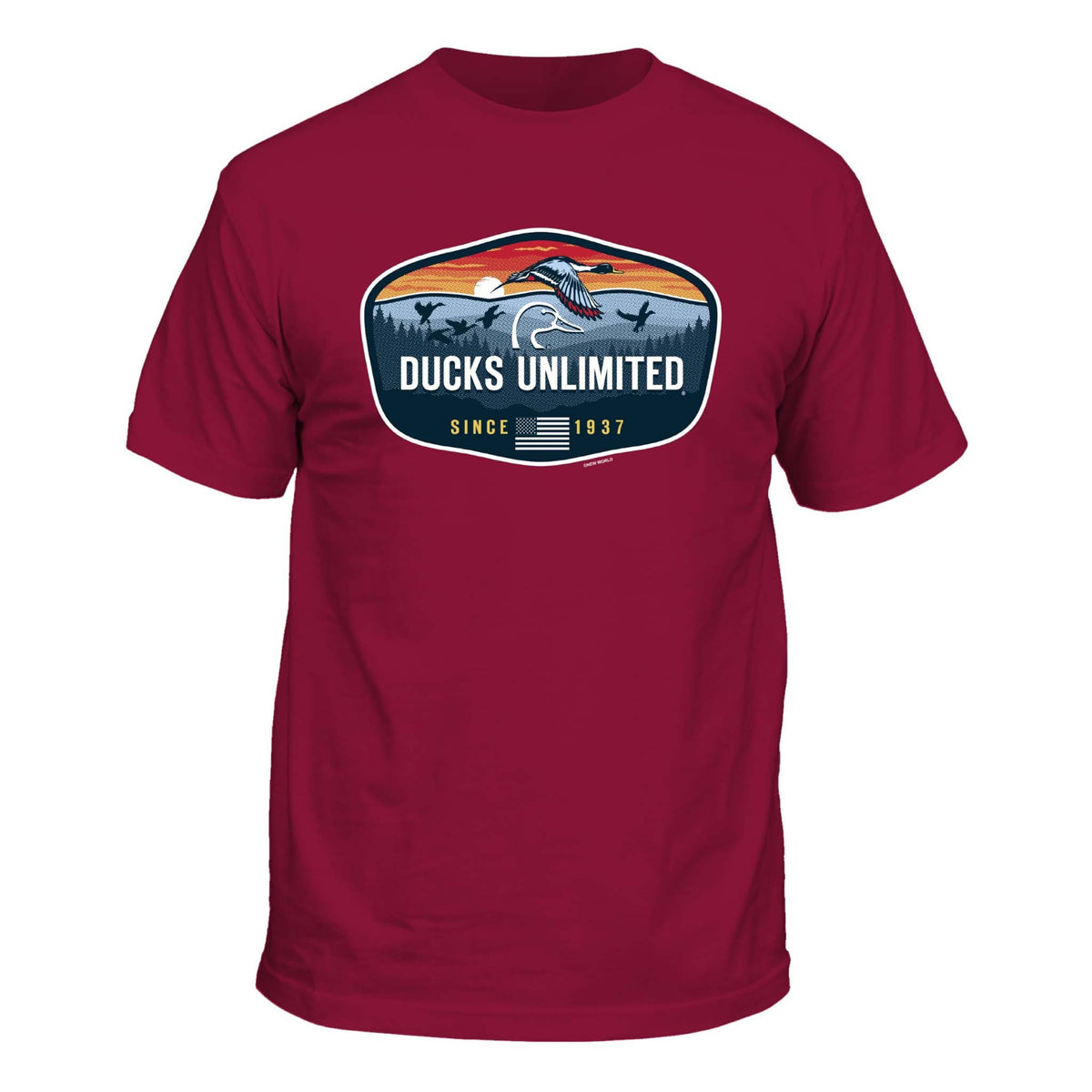 Brick red Ducks Unlimited t-shirt with vintage duck flight and sunset graphic, “Since 1937” text, and American flag detail on front.