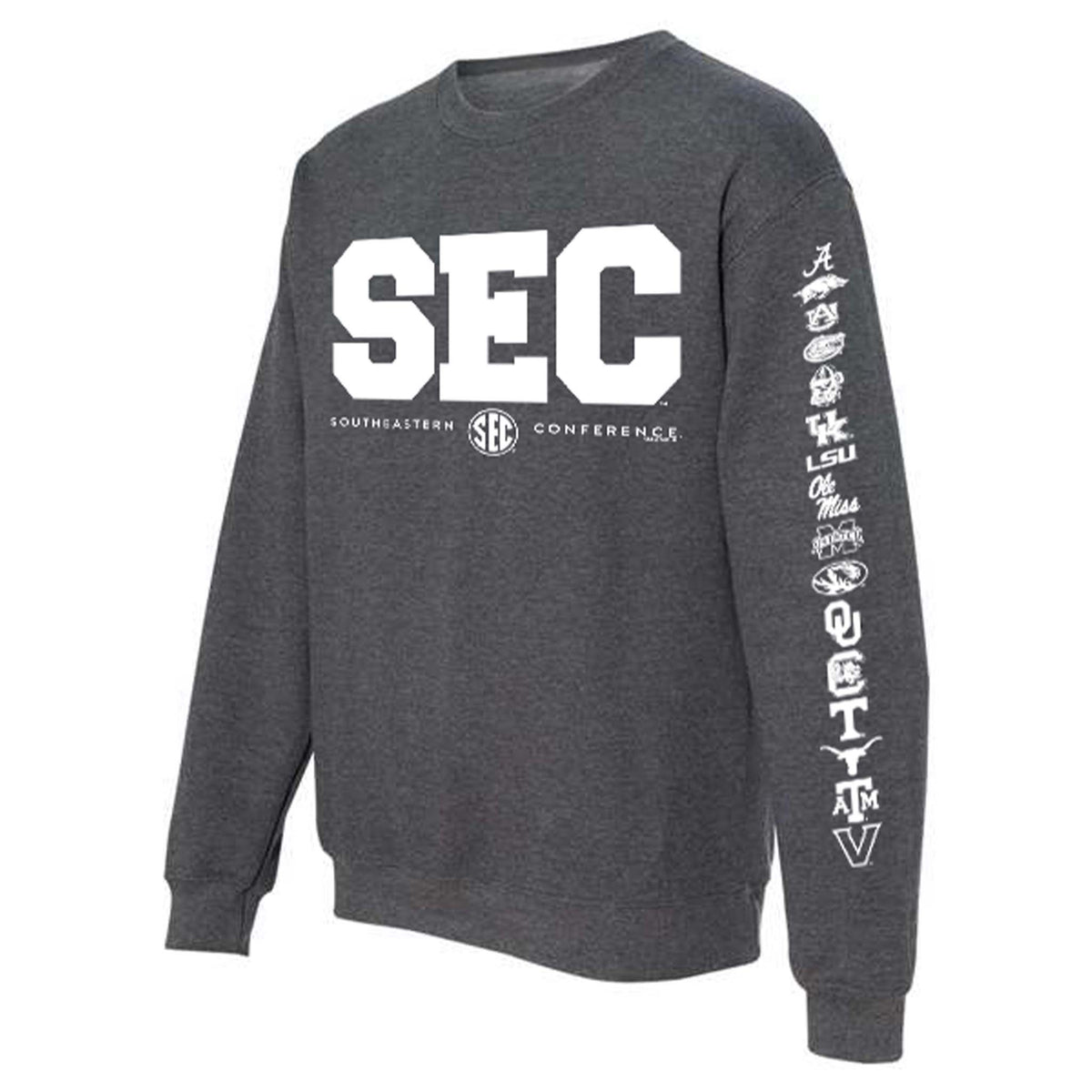 Charcoal SEC Conference crewneck sweatshirt with large white "SEC" logo on chest and team logos printed down the sleeve, angled view.