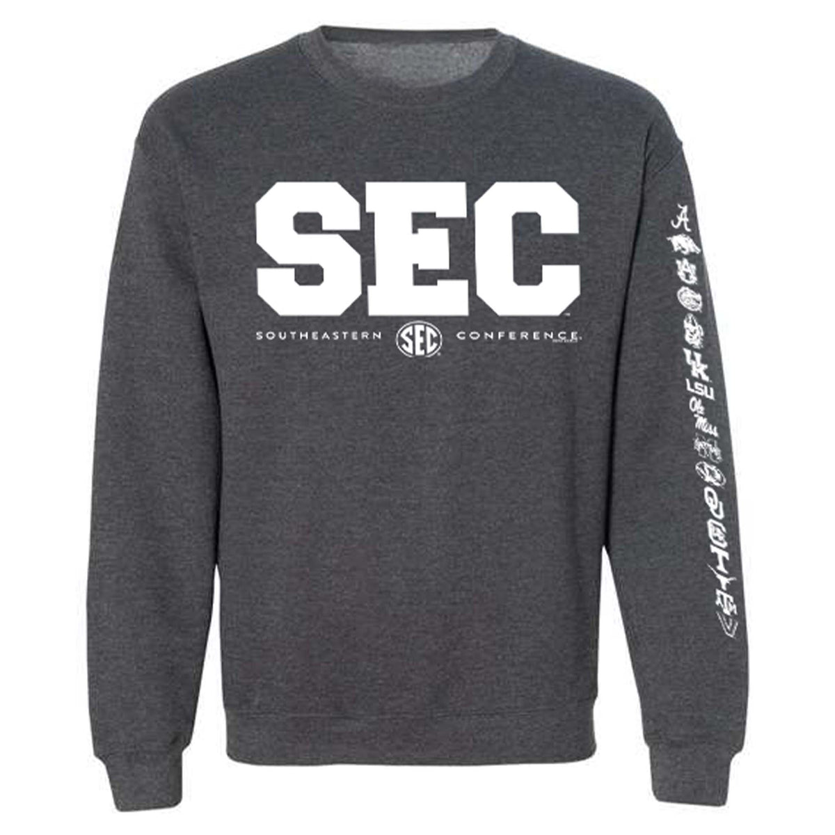 Charcoal SEC Conference crewneck sweatshirt with large white "SEC" logo on chest and team logos printed down the sleeve, angled view.