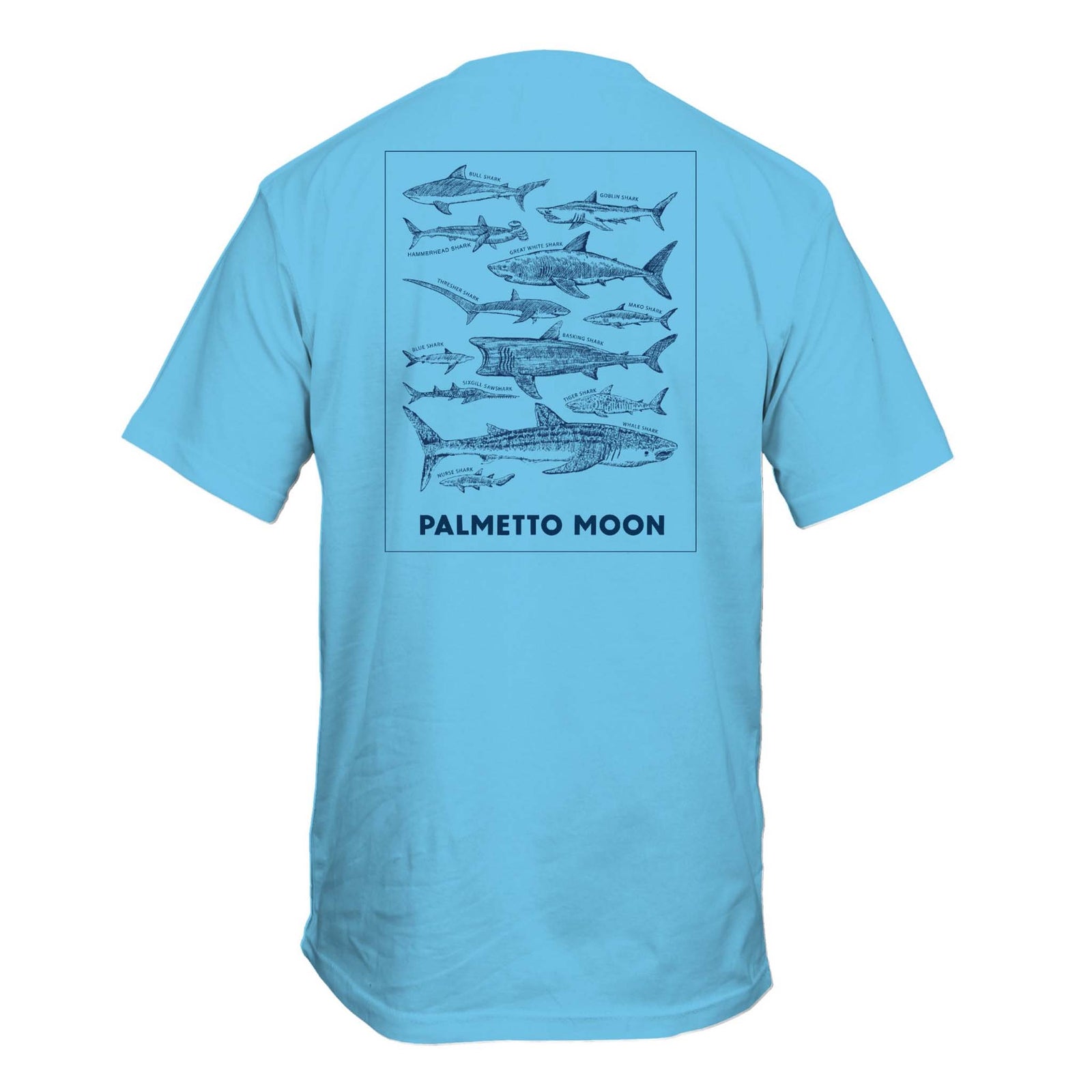 Palmetto Moon Youth Sharks Short Sleeve T-shirt, color sky blue, youth sizes XS-XL.  The back features navy illustrations of different shark species with labels, and "Palmetto Moon" text below the graphic.