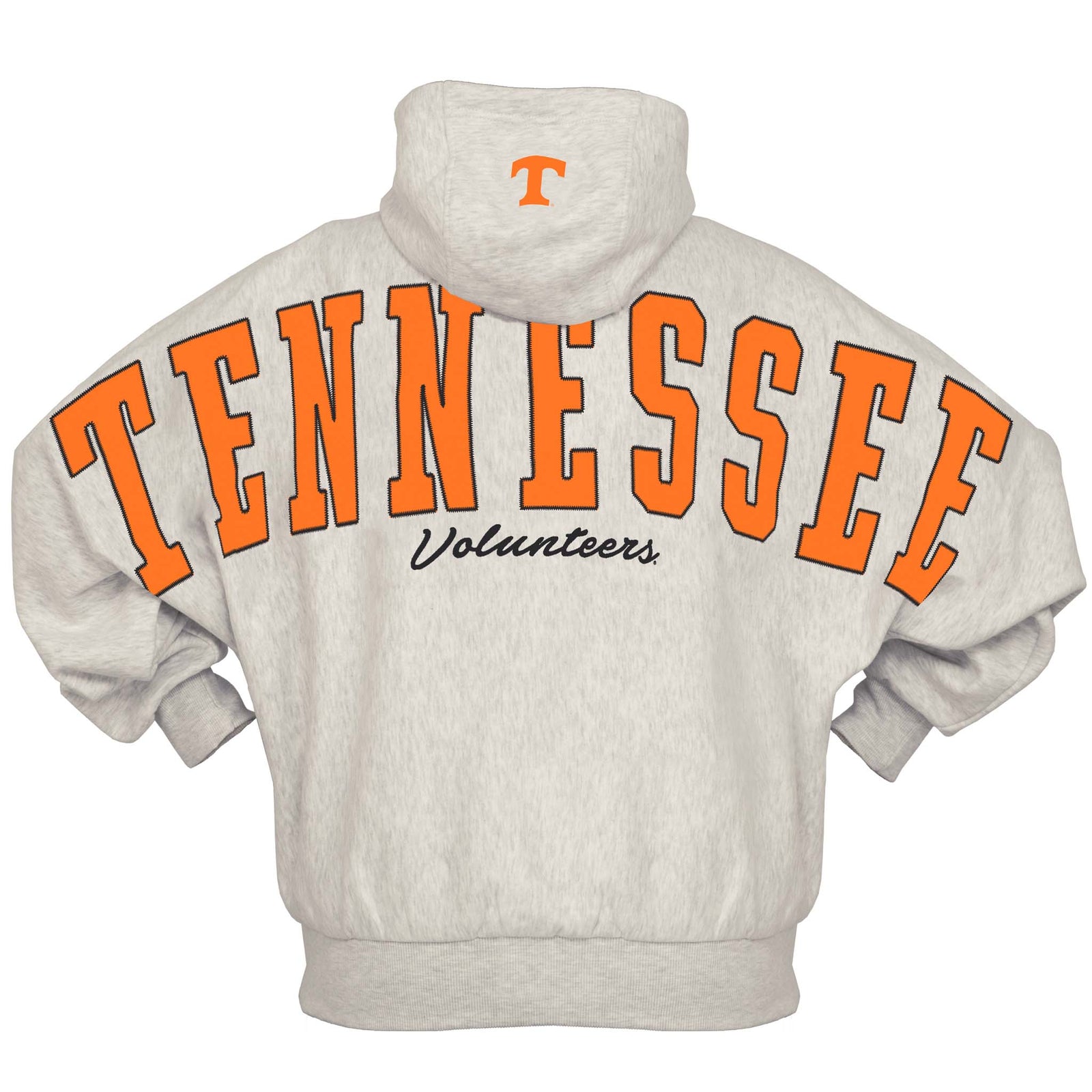 Grey Pressbox Tennessee Volunteers hoodie with large orange “Tennessee” text and black “Volunteers” script across the back.