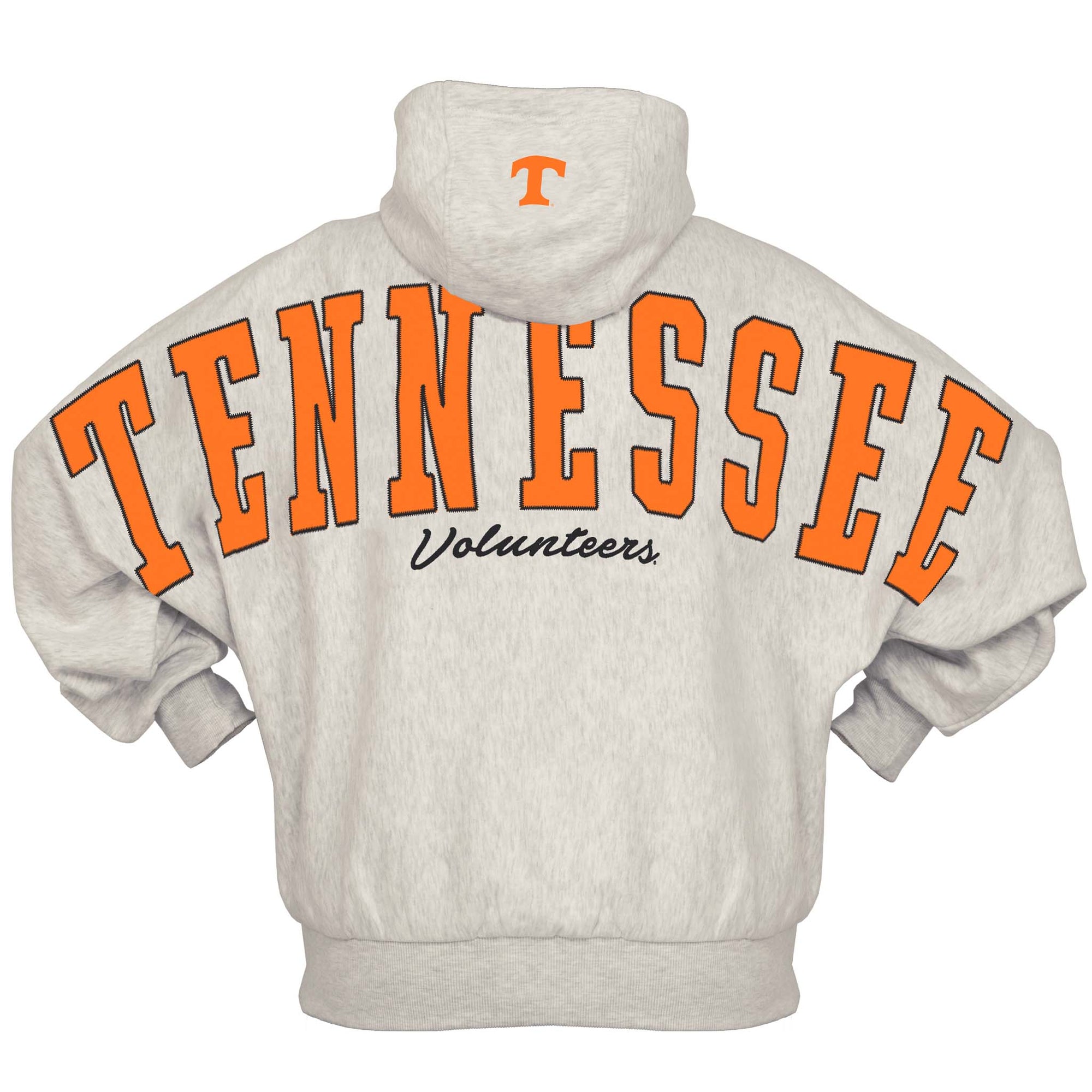 Grey Pressbox Tennessee Volunteers hoodie with large orange “Tennessee” text and black “Volunteers” script across the back.