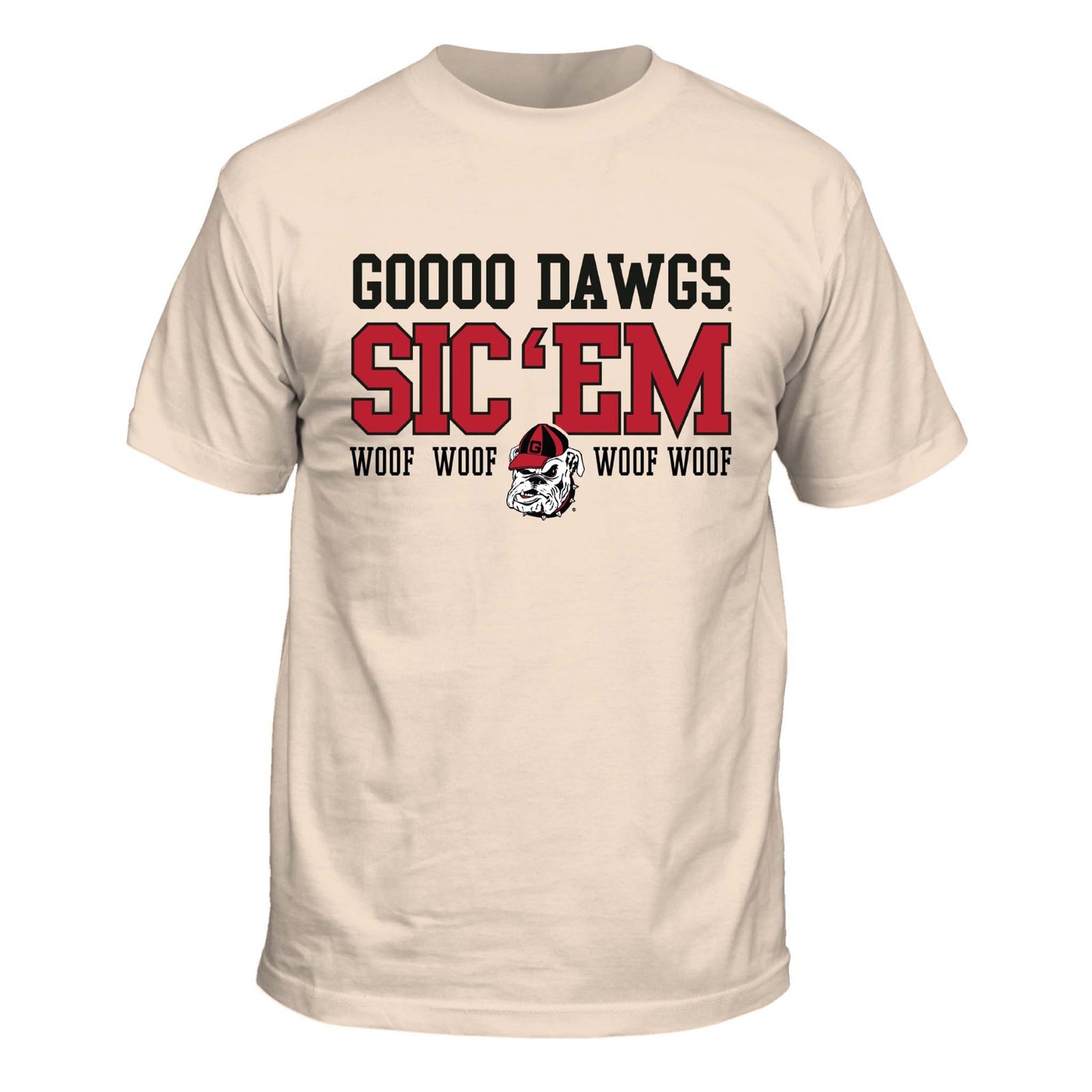 Ivory Georgia Bulldogs t-shirt with “GOOOO DAWGS SIC ‘EM” and “WOOF WOOF WOOF WOOF” text and Uga mascot illustration on the front.