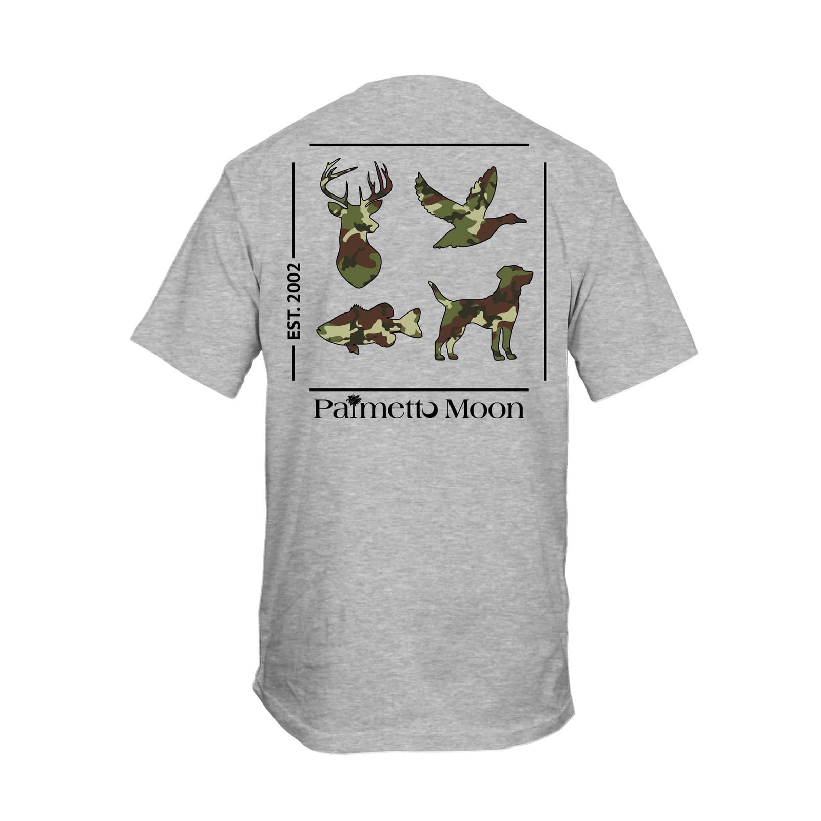 Back view - Palmetto Moon Youth Camo Grid Short Sleeve T-shirt, color gray, 100% cotton, sizes youth XS-XL.
This design features a grid of 4 hunting themed animals - buck head, flying duck, fish, labrador retriever - filled in camouflage pattern.  The 4 animals are contained in a square with the Palmetto Moon logo on the bottom and Est. 2002 on the left side of the square.