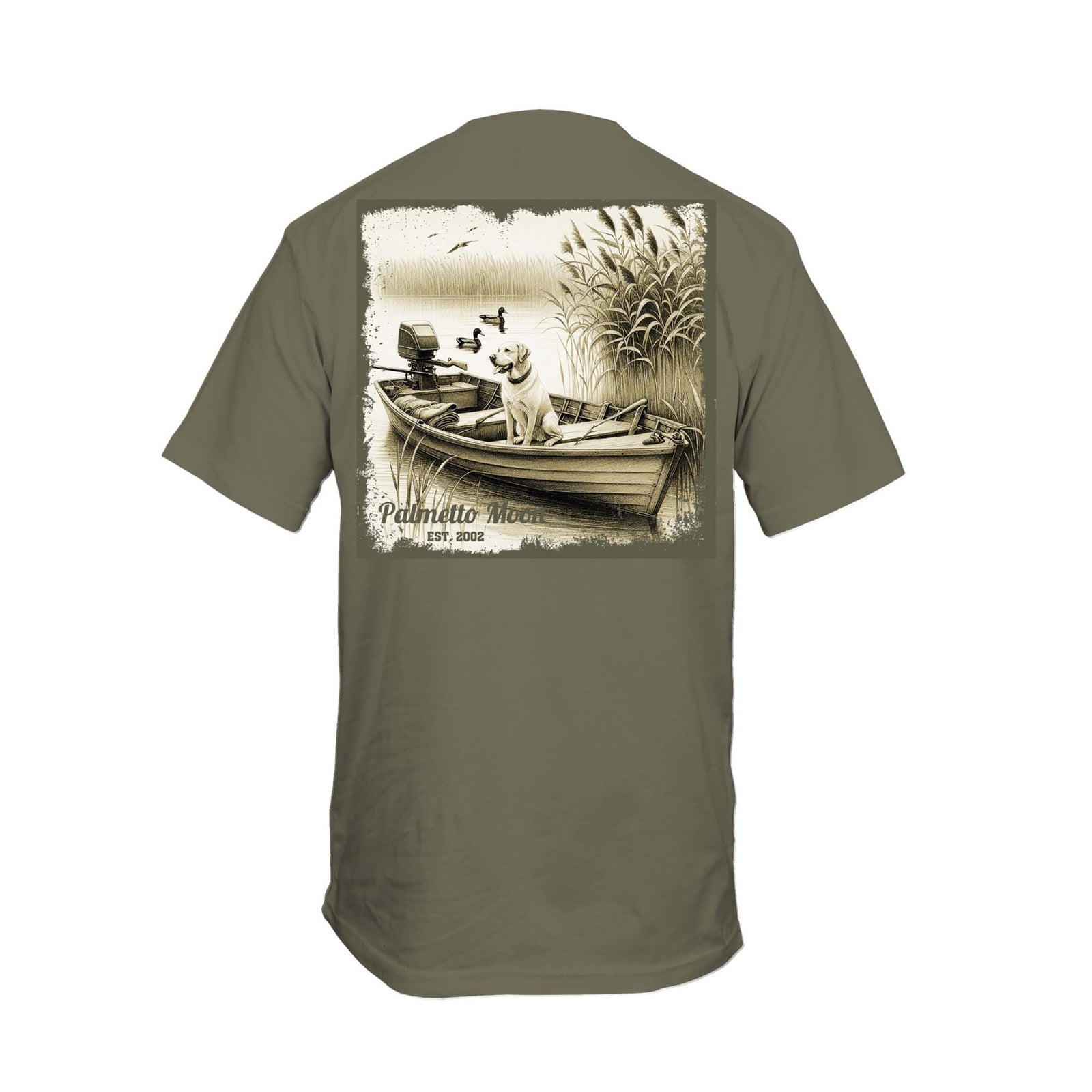 Heather olive youth t-shirt with sepia duck hunting scene with retriever in boat on the back.