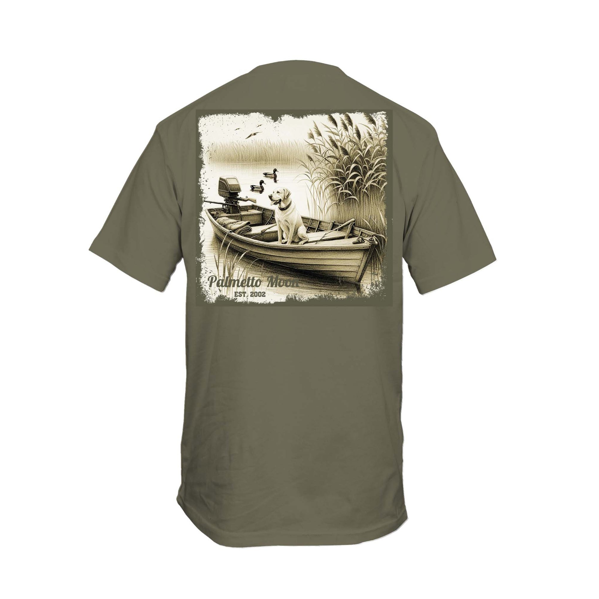 Heather olive youth t-shirt with sepia duck hunting scene with retriever in boat on the back.