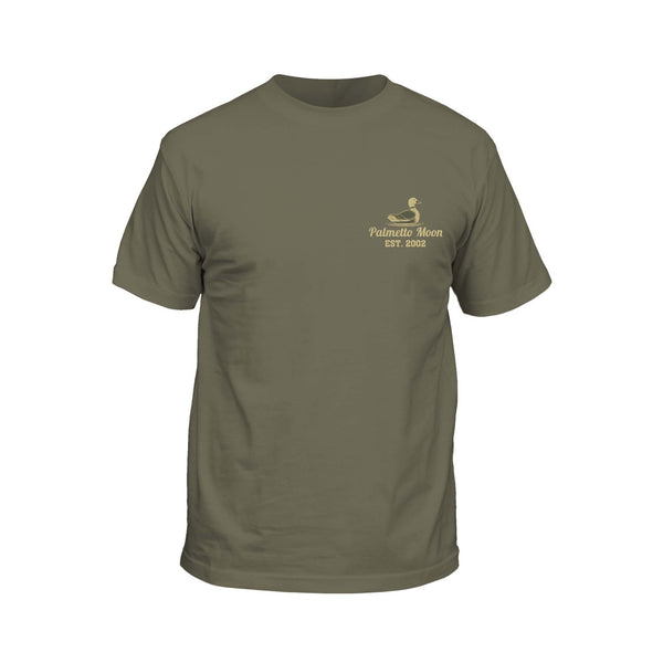Heather olive youth t-shirt with Palmetto Moon duck logo on front left chest.