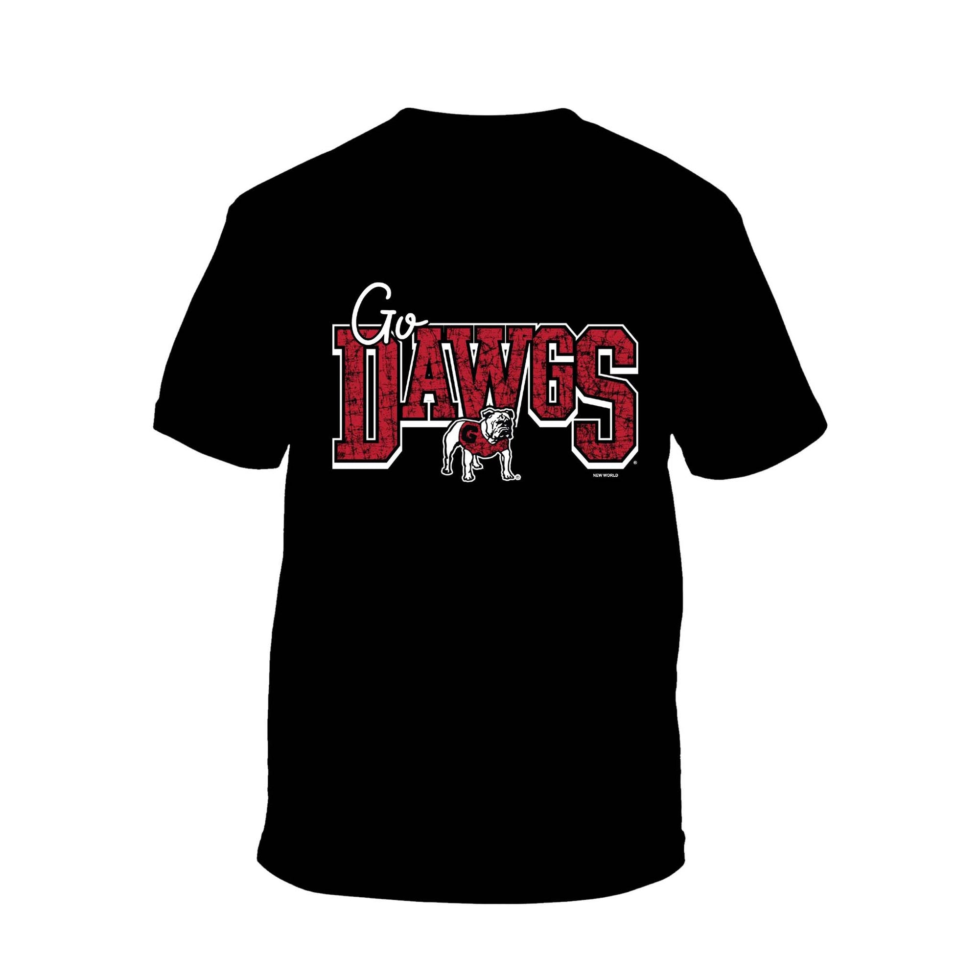 Youth black Georgia Bulldogs t-shirt with large back graphic reading “Go Dawgs” in red block letters and Uga mascot in the center.