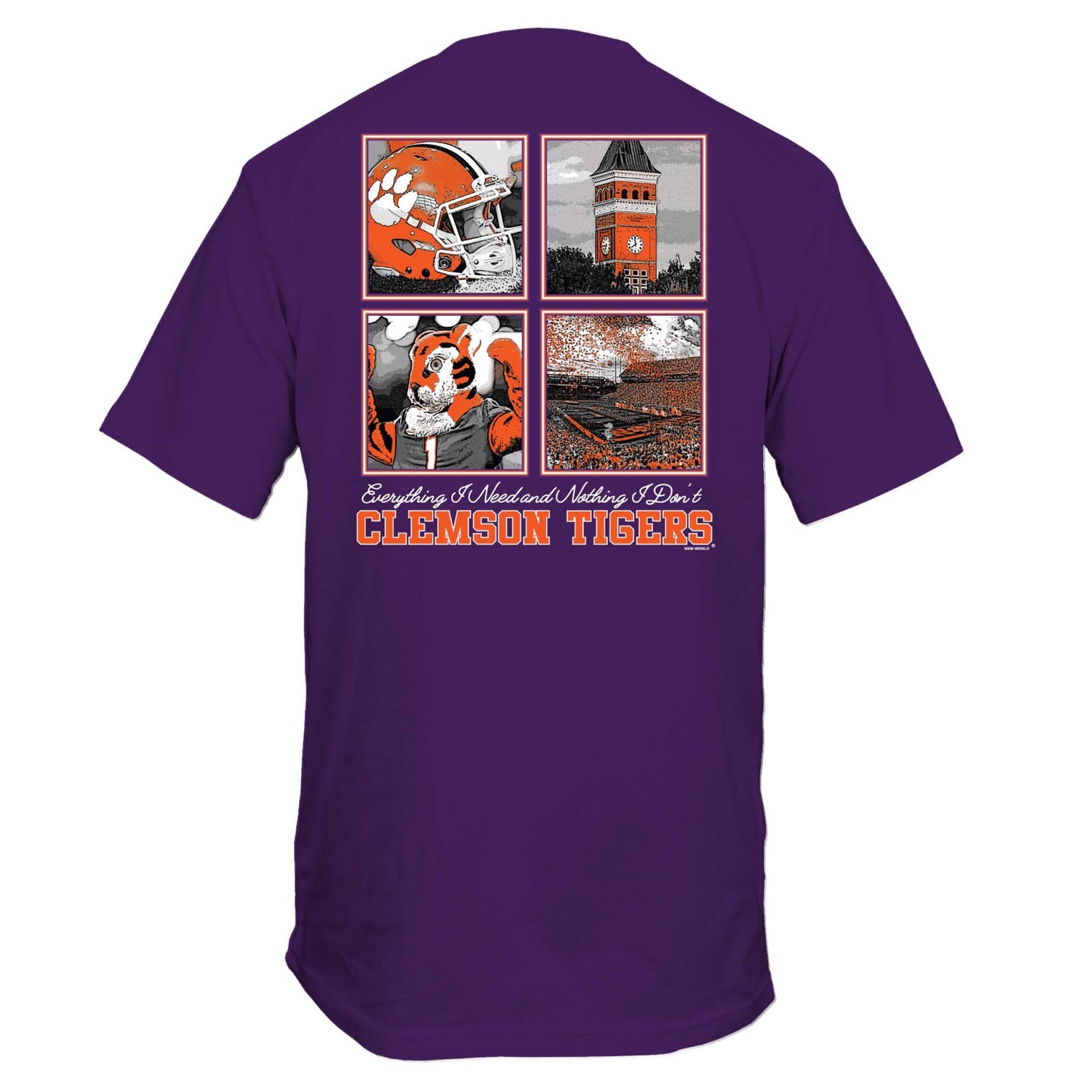 Back of purple t-shirt with four graphic panels featuring a football helmet, mascot, stadium, and Tillman Hall, with “Clemson Tigers” and the phrase “Everything I Need and Nothing I Don’t.”