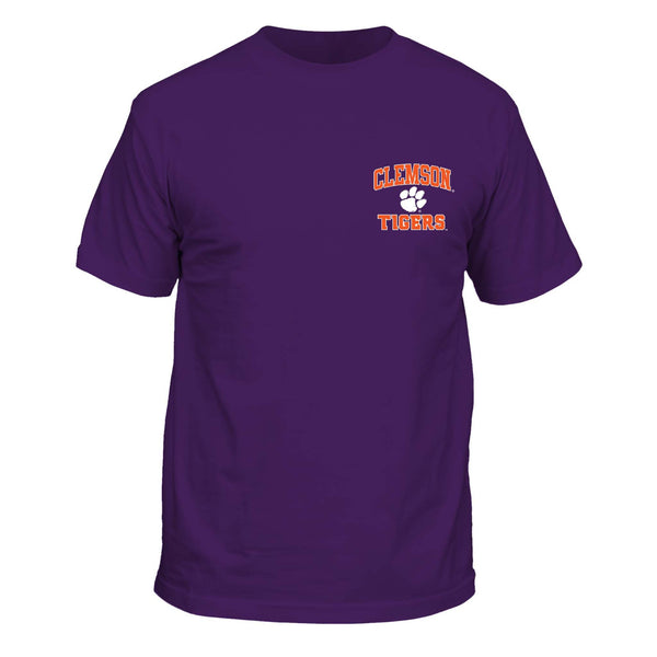 Purple short sleeve Clemson Tigers t-shirt with orange and white front chest logo and white tiger paw.