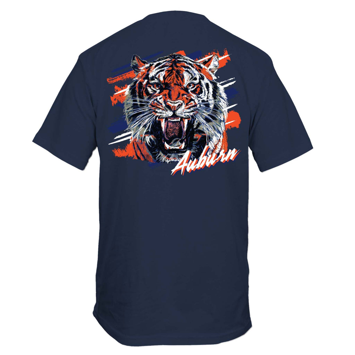 Navy blue t-shirt with a tiger graphic and 'Auburn' text on a white background