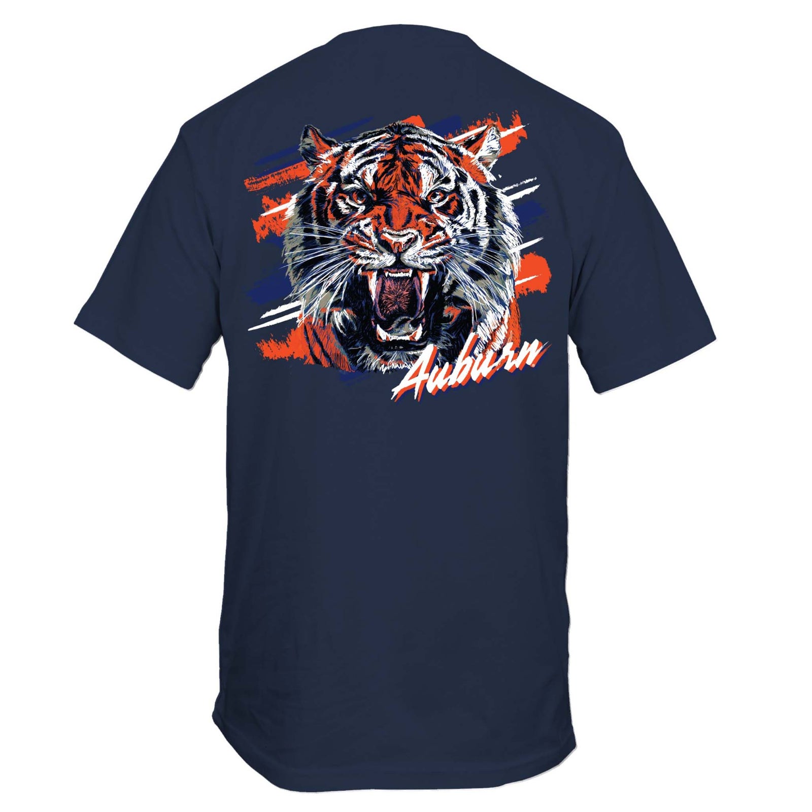Navy blue t-shirt with a tiger graphic and 'Auburn' text on a white background