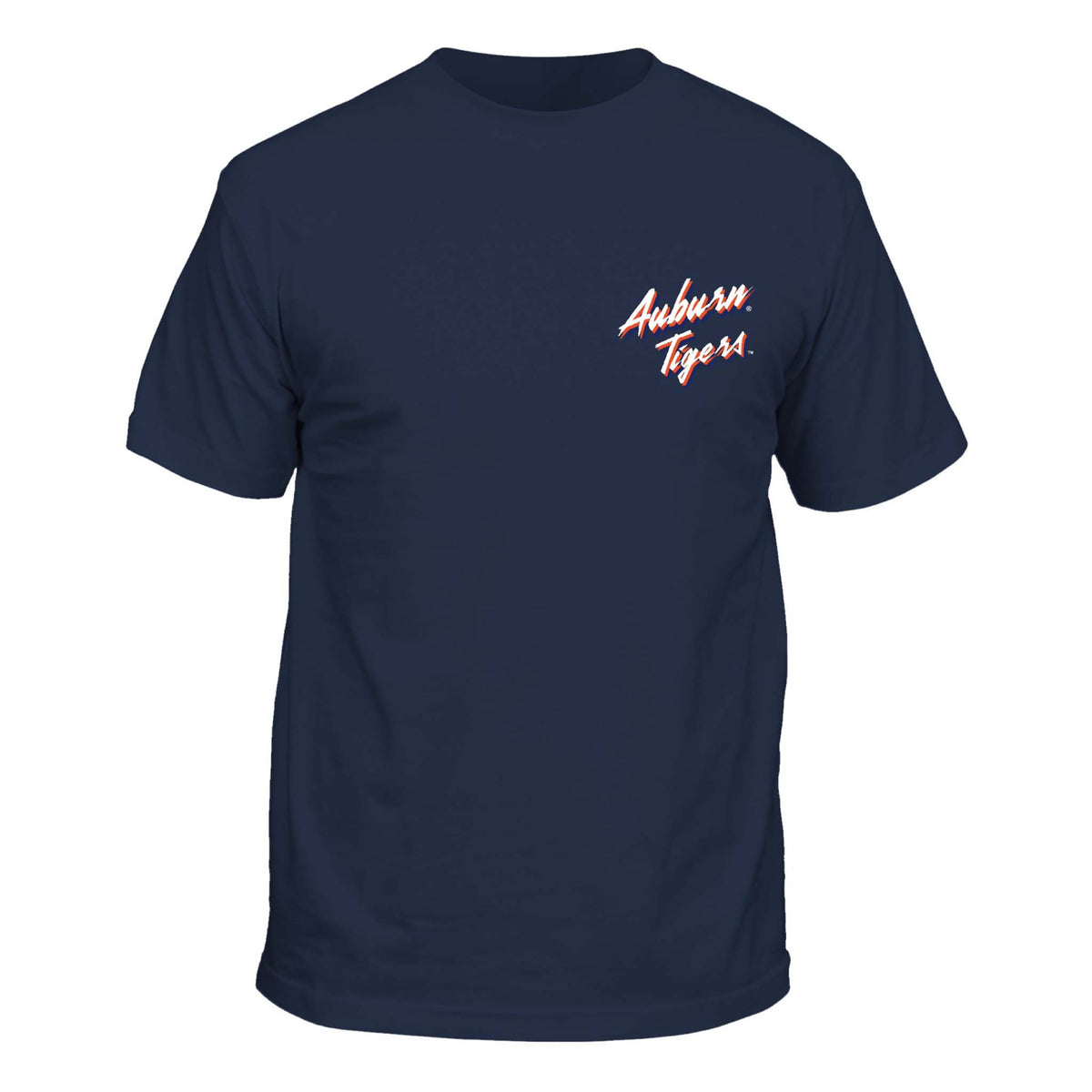 Navy blue t-shirt with 'Auburn Tigers' text in red and white script lettering on the upper right chest area