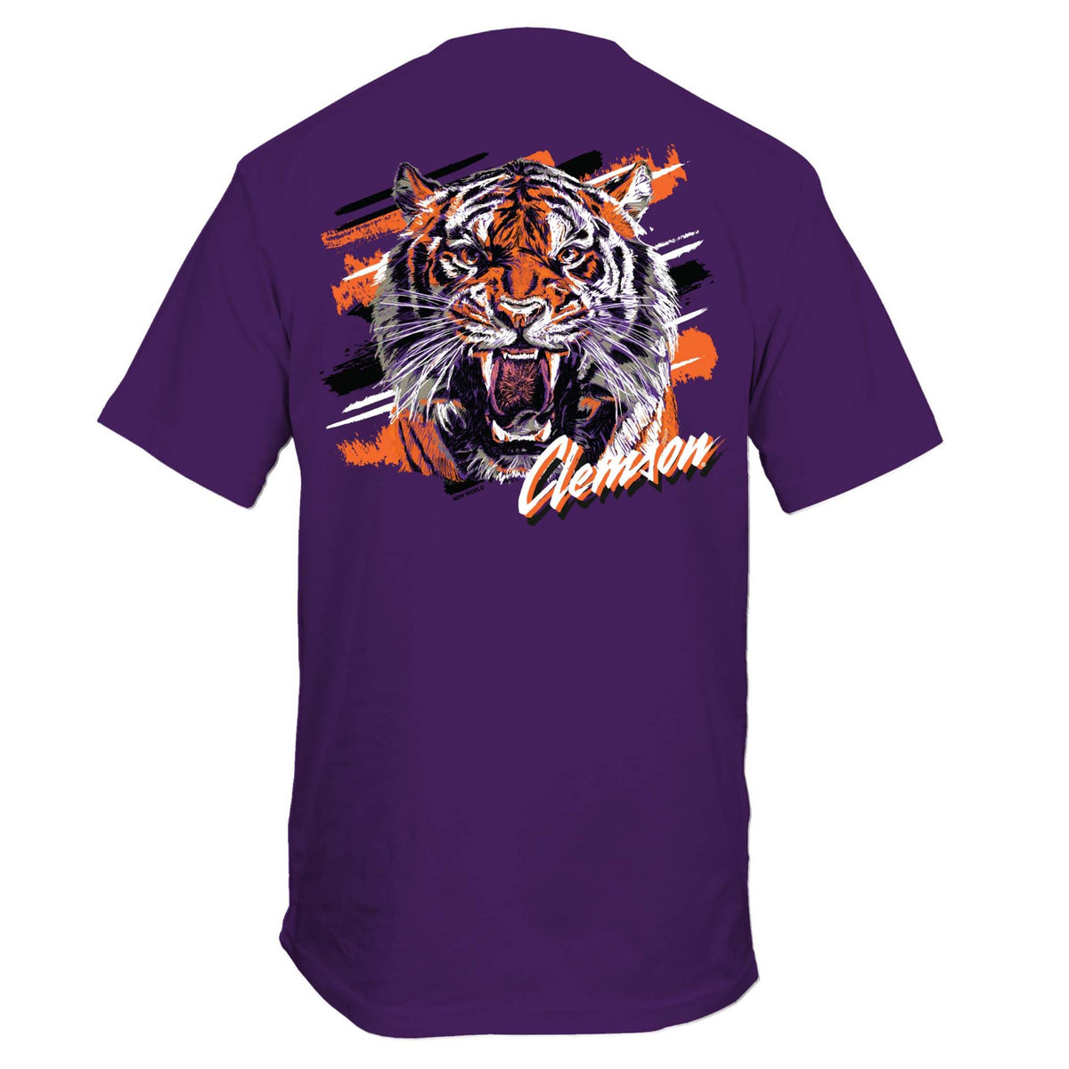 Back of purple t-shirt featuring a fierce tiger head illustration over orange, white, and black brush strokes, with bold “Clemson” script below.