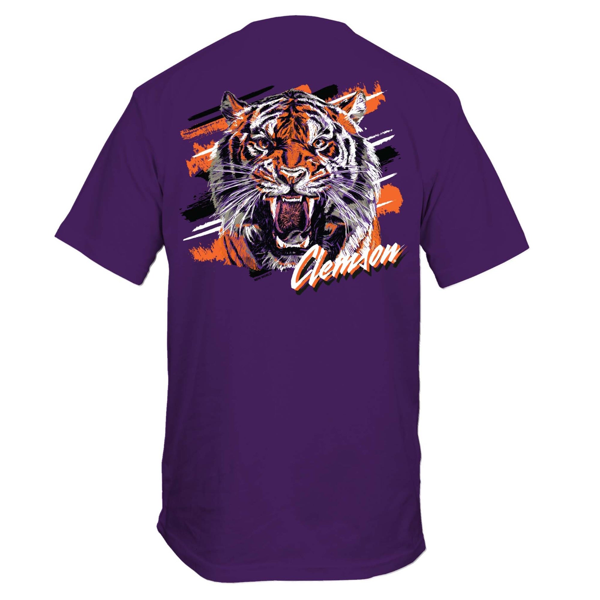Back of purple t-shirt featuring a fierce tiger head illustration over orange, white, and black brush strokes, with bold “Clemson” script below.