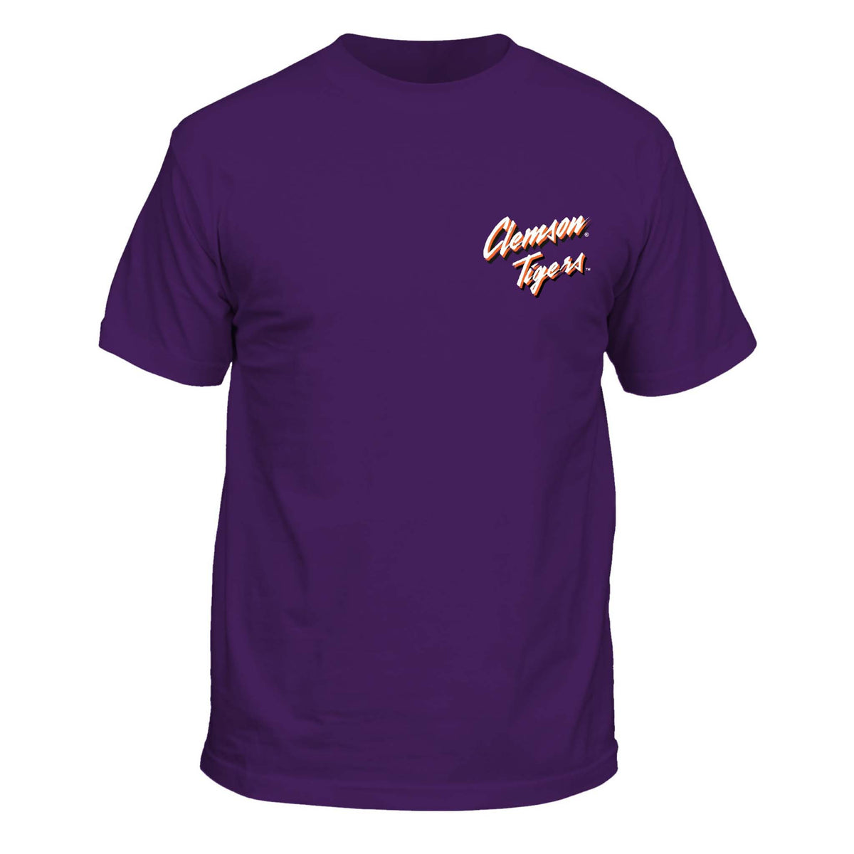 Purple Clemson Tigers t-shirt with a small orange and white script logo on the left chest.