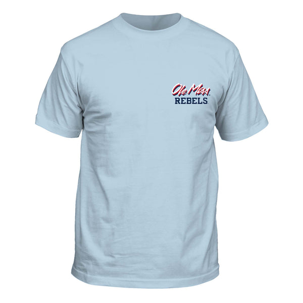 Palmetto Moon Ole Miss Sketch Mascot Short Sleeve T-shirt, color chambray blue, sizes S-XXL, 100% cotton, unisex sizing.
Front design features Ole Miss Rebels printed on the left chest.