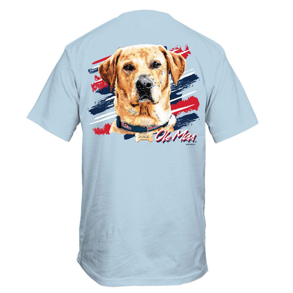 Palmetto Moon Ole Miss Sketch Mascot Short Sleeve T-shirt, color chambray blue, sizes S-XXL, 100% cotton, unisex sizing.
The back design features red white and blue brush strokes with a sketch style Yellow lab wearing an ole miss collar with Juice engraved on the name tag.  Ole Miss is in Sketch print below.