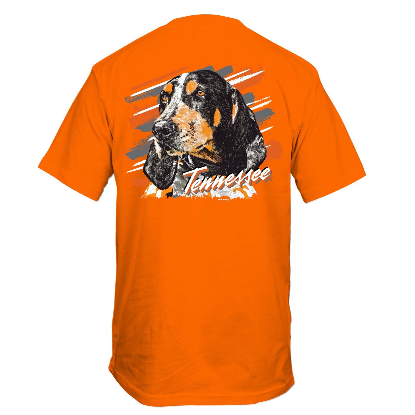 Back of orange t-shirt featuring a large graphic of Smokey, the Tennessee mascot dog, with gray and white brushstroke background and “Tennessee” script below.