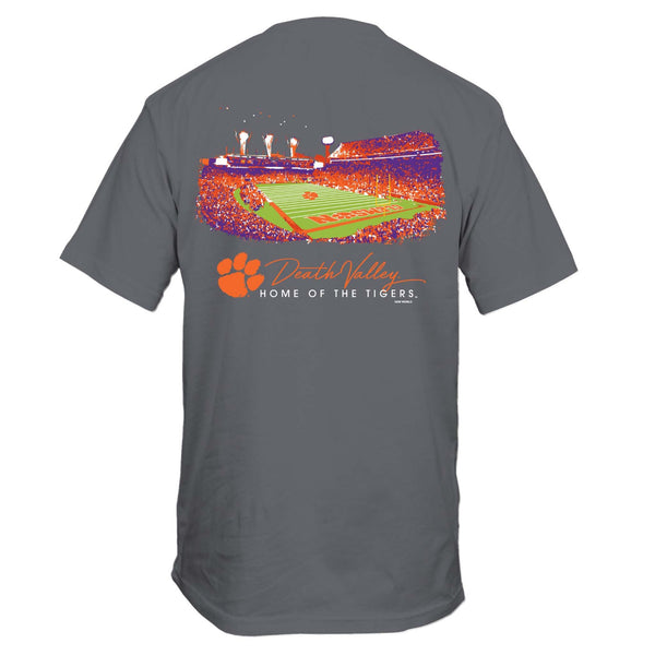 Back of charcoal gray t-shirt with a vibrant graphic of Clemson’s Death Valley stadium at night and the text “Death Valley – Home of the Tigers” with orange tiger paw.