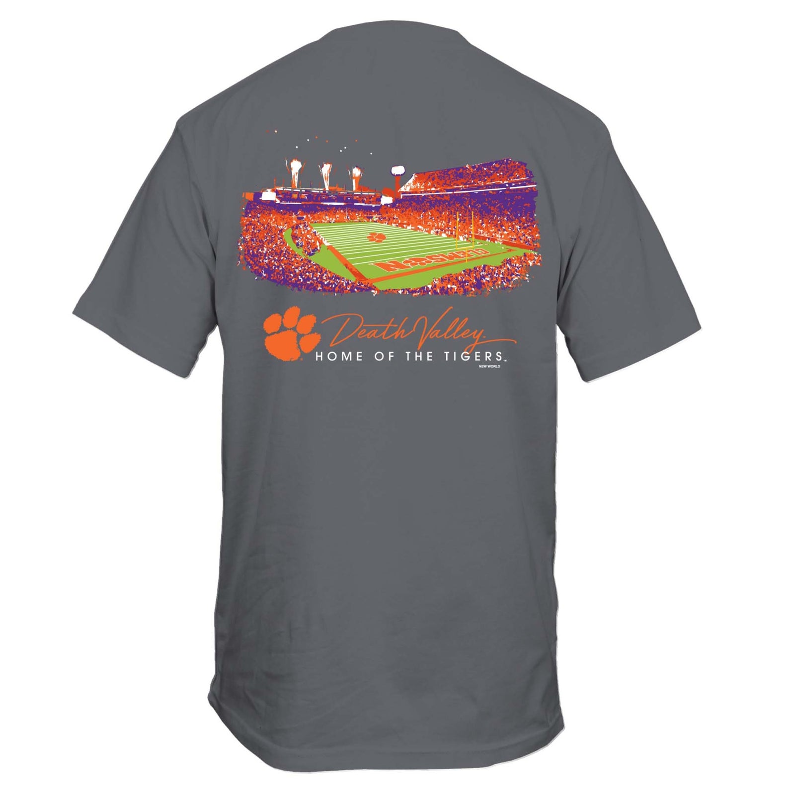 Back of charcoal gray t-shirt with a vibrant graphic of Clemson’s Death Valley stadium at night and the text “Death Valley – Home of the Tigers” with orange tiger paw.