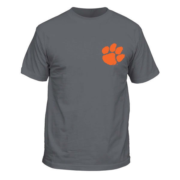 Charcoal gray Clemson Tigers t-shirt with small orange tiger paw logo on the left chest.